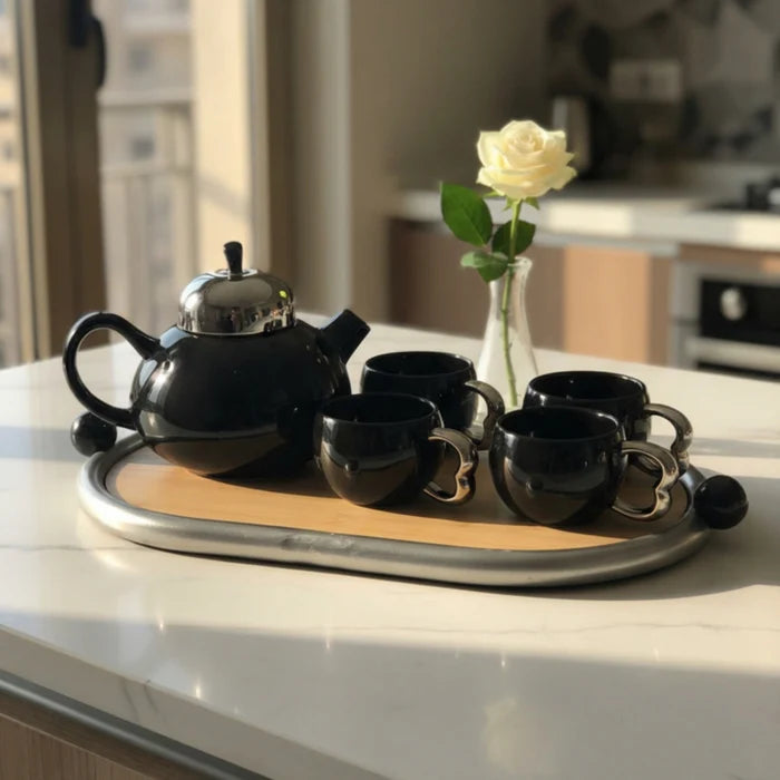 طقم شاي أكسفورد ستانلس — إبريق + 4 فناجين + صينية