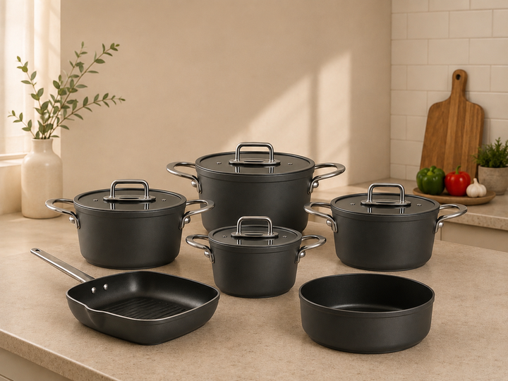 طقم حلل لاينز تيفال تيتانيوم — 10 قطع | غطاء بايركس | رصاصي