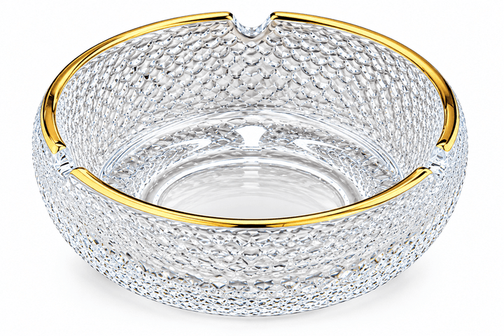 طفاية سجائر زجاجية كريستالية دهبية بـ3 أخاديد